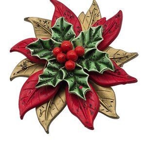 VTG Brooch Celluloid Red Holly Berry Leaf Berries Pin Mother Mary Christmas PIn‎